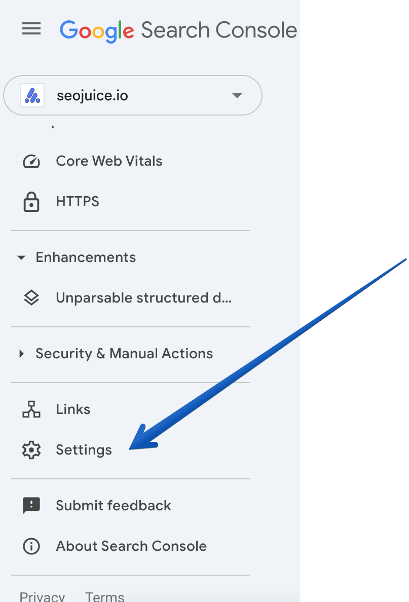 Google Search Console Settings menu