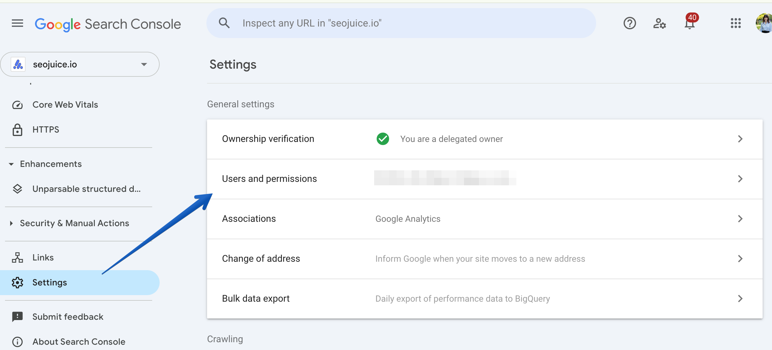 Google Search Console Users and Permissions page