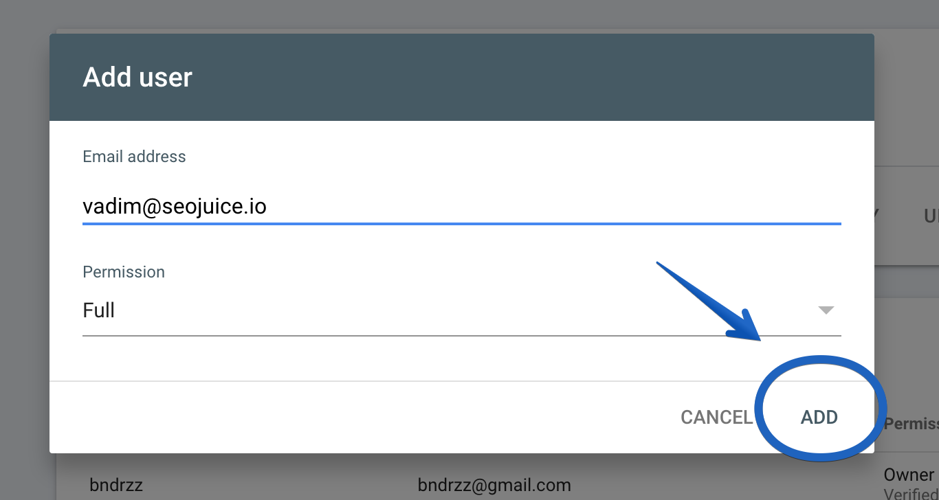 Google Search Console confirming user permissions