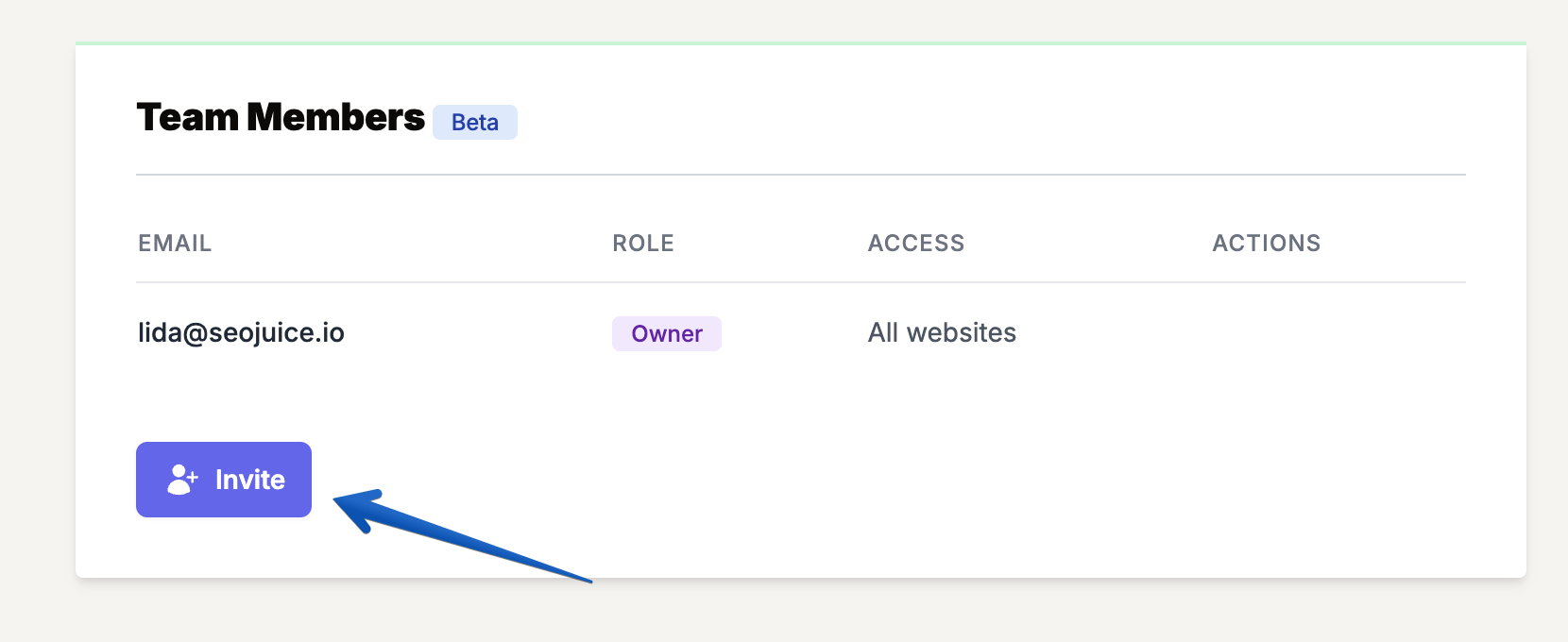 SEOJuice Team Members section with Invite button