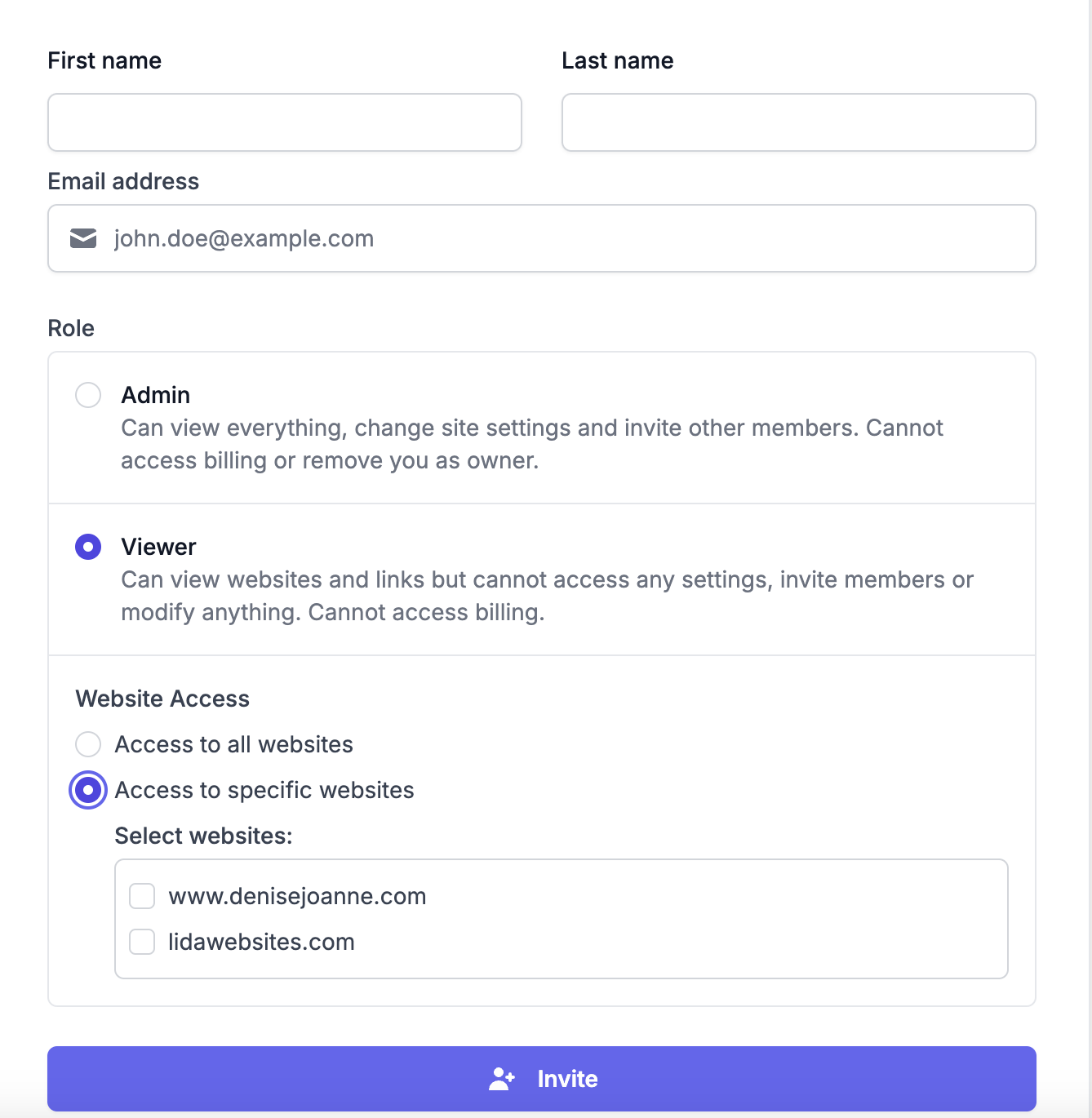 SEOJuice website access checkboxes for Viewer role