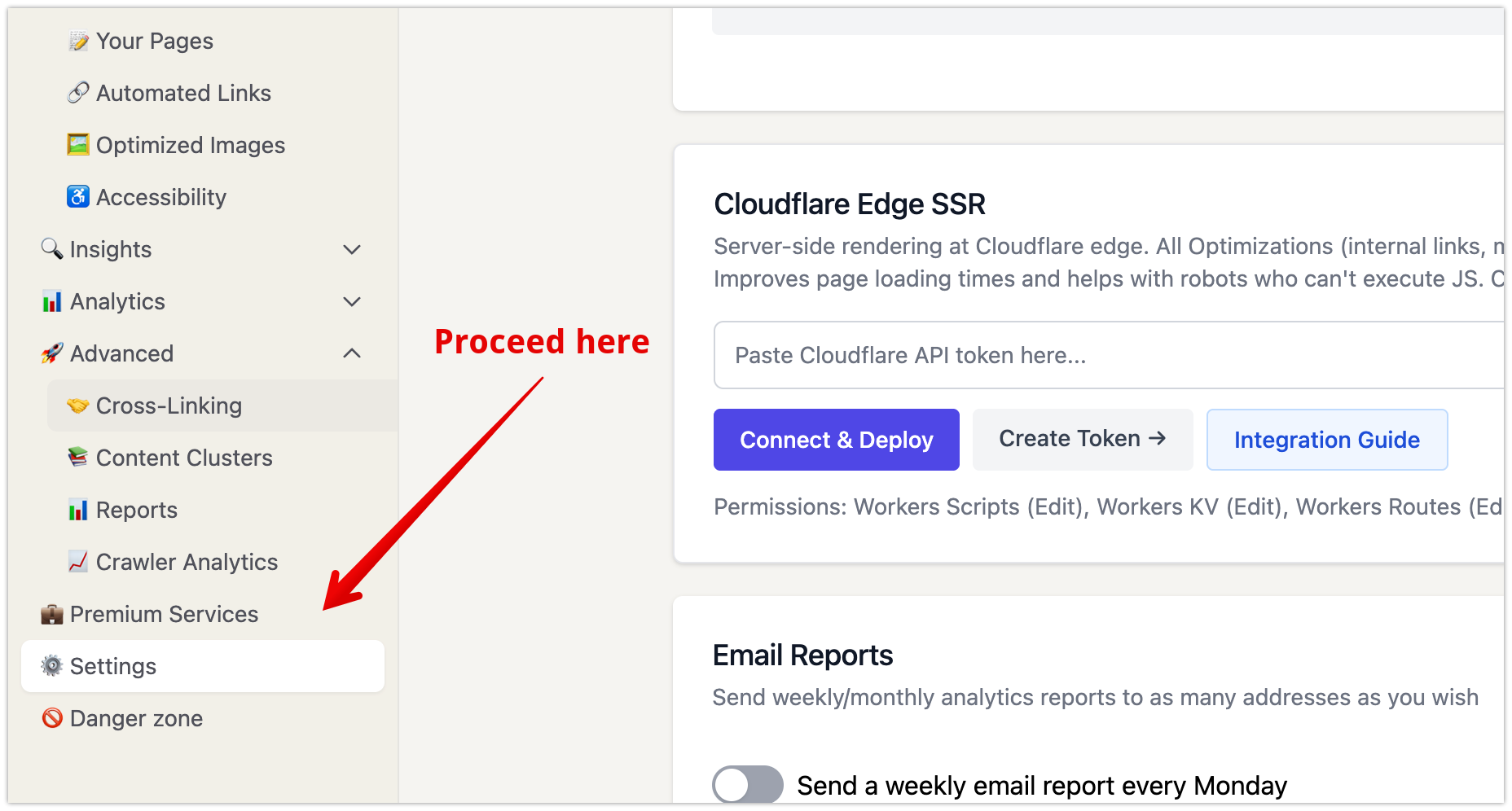 SEOJuice Website Settings page showing Cloudflare Token input field