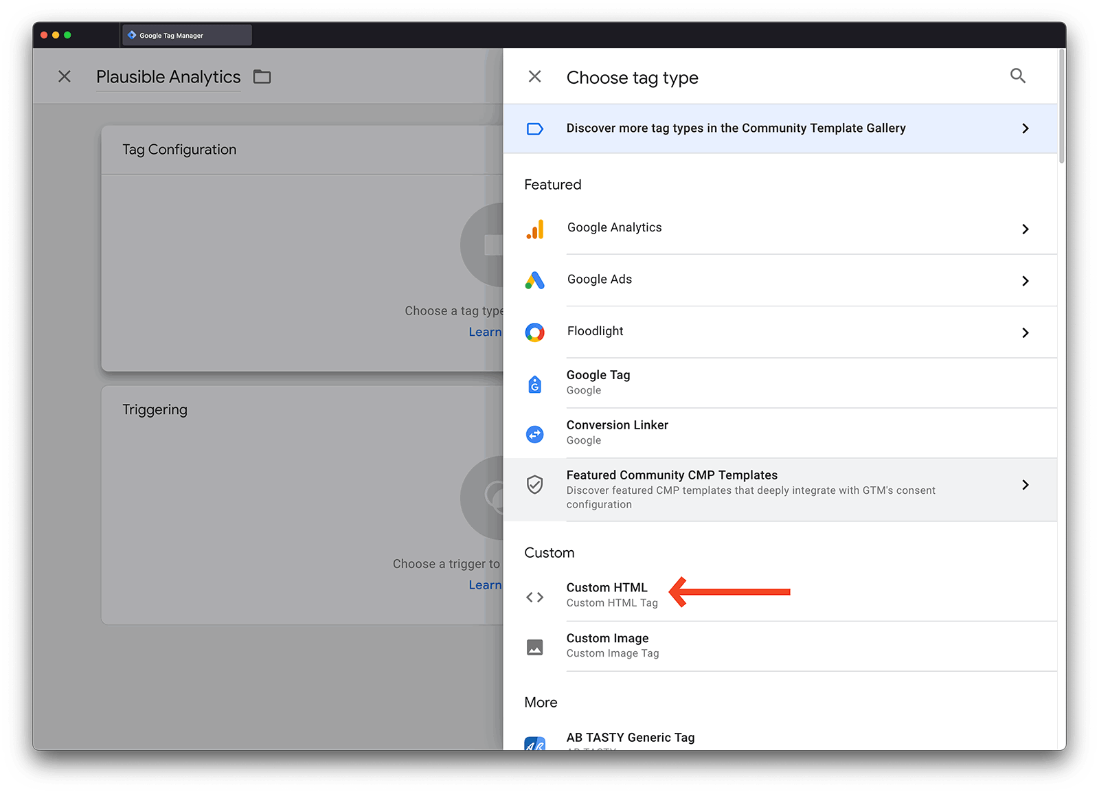 Google Tag Manager searching for Custom HTML tag type