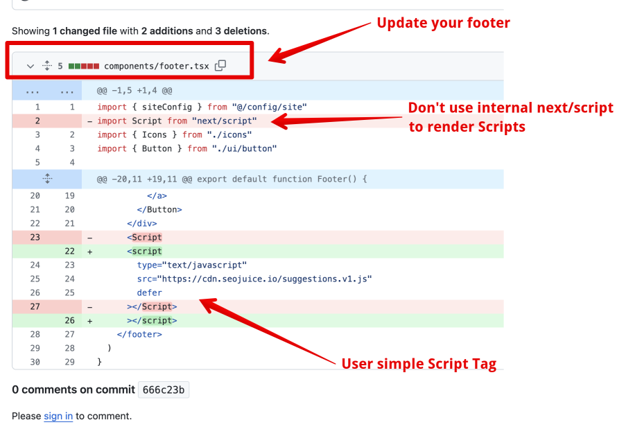 GitHub commit showing fix to use native script tag instead of Next.js Script component