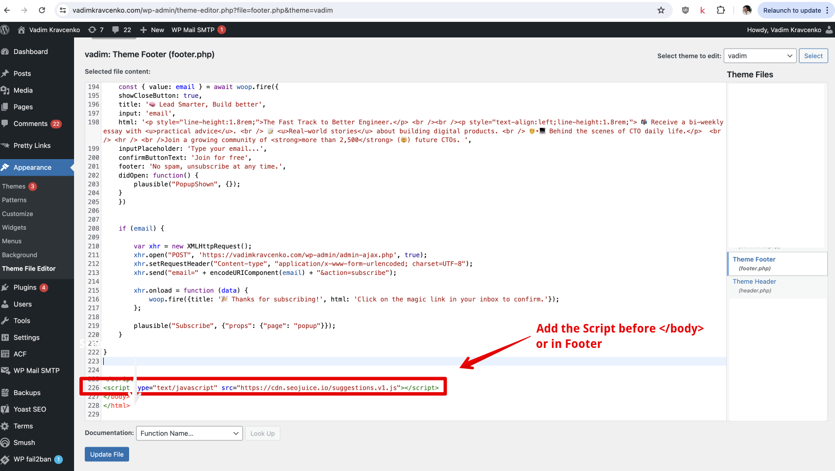 SEOJuice script inserted in WordPress footer.php