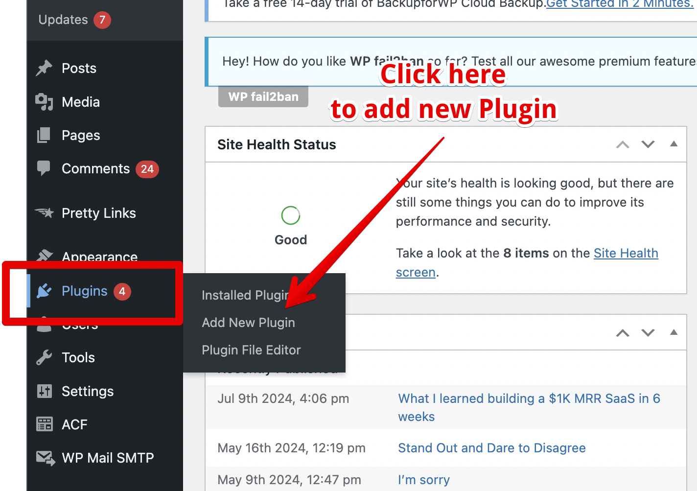 WordPress dashboard Plugins page showing Add New Plugin button