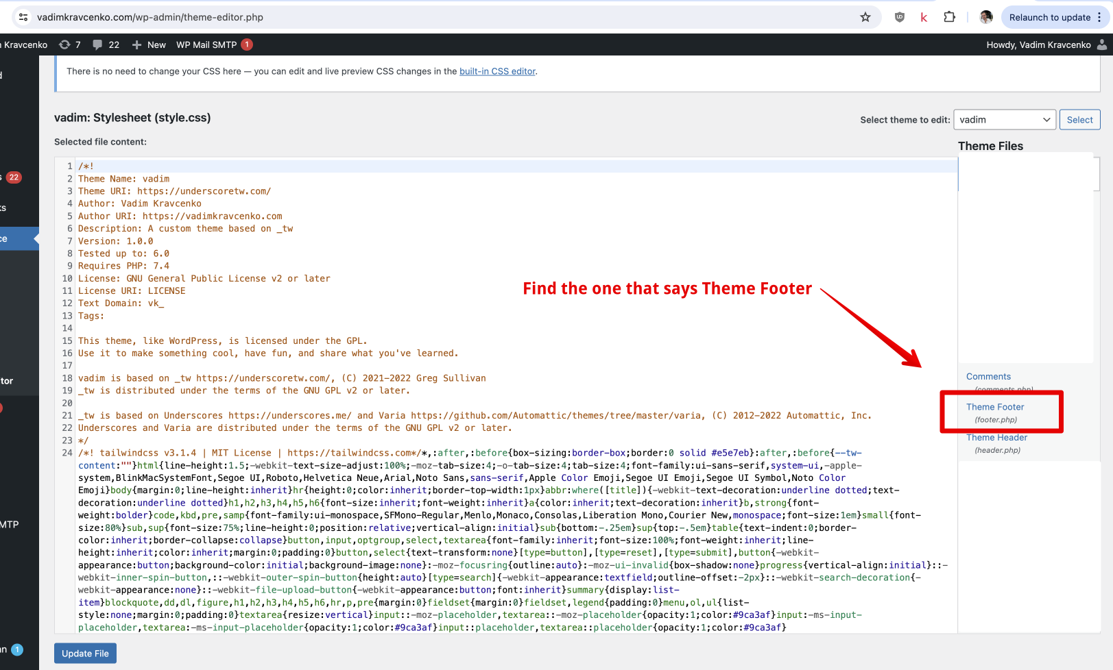 WordPress Theme File Editor with footer.php selected