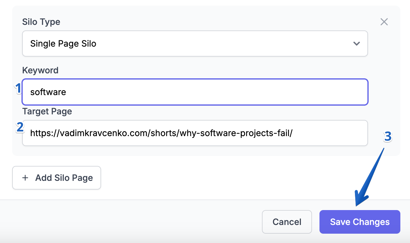 SEOJuice Page Silos configuration with keyword and target page
