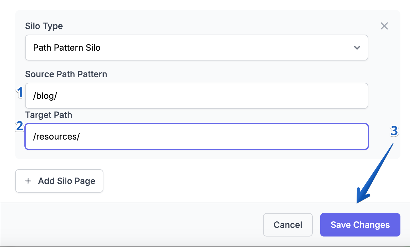 SEOJuice Path Silos configuration with source and target paths