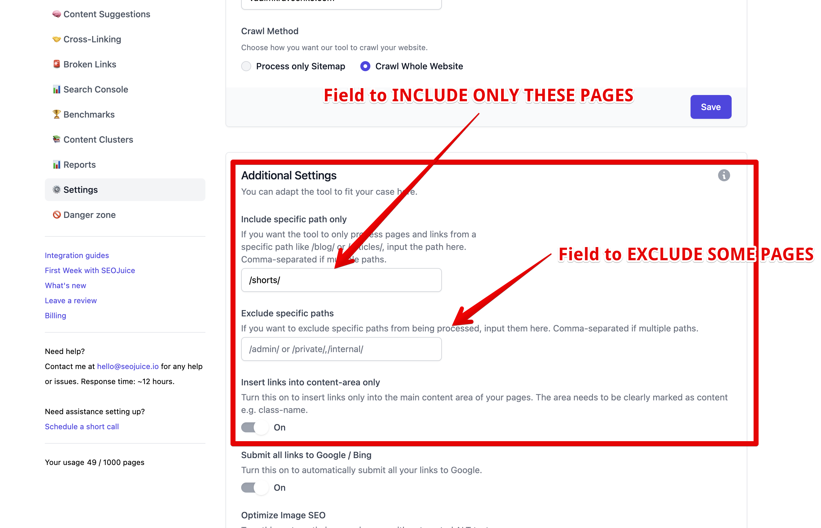 SEOJuice Exclude Paths setting in website configuration