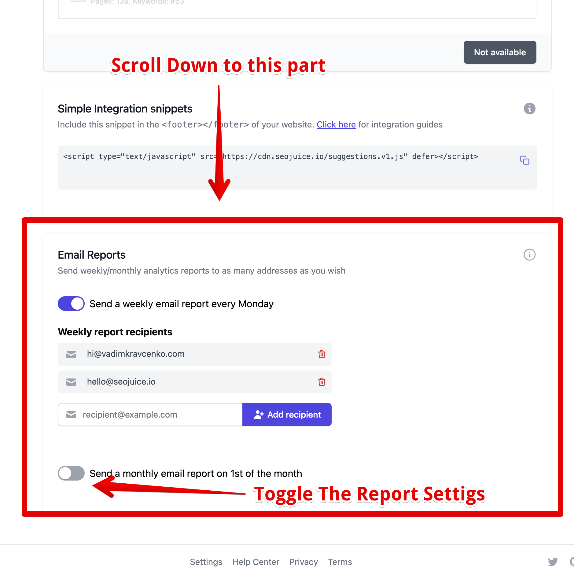 SEOJuice monthly email reports toggle in settings