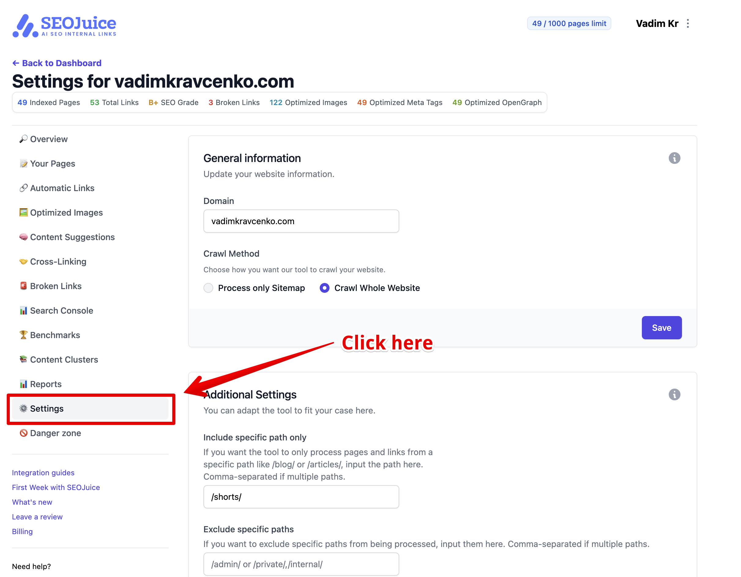SEOJuice weekly email reports toggle in settings